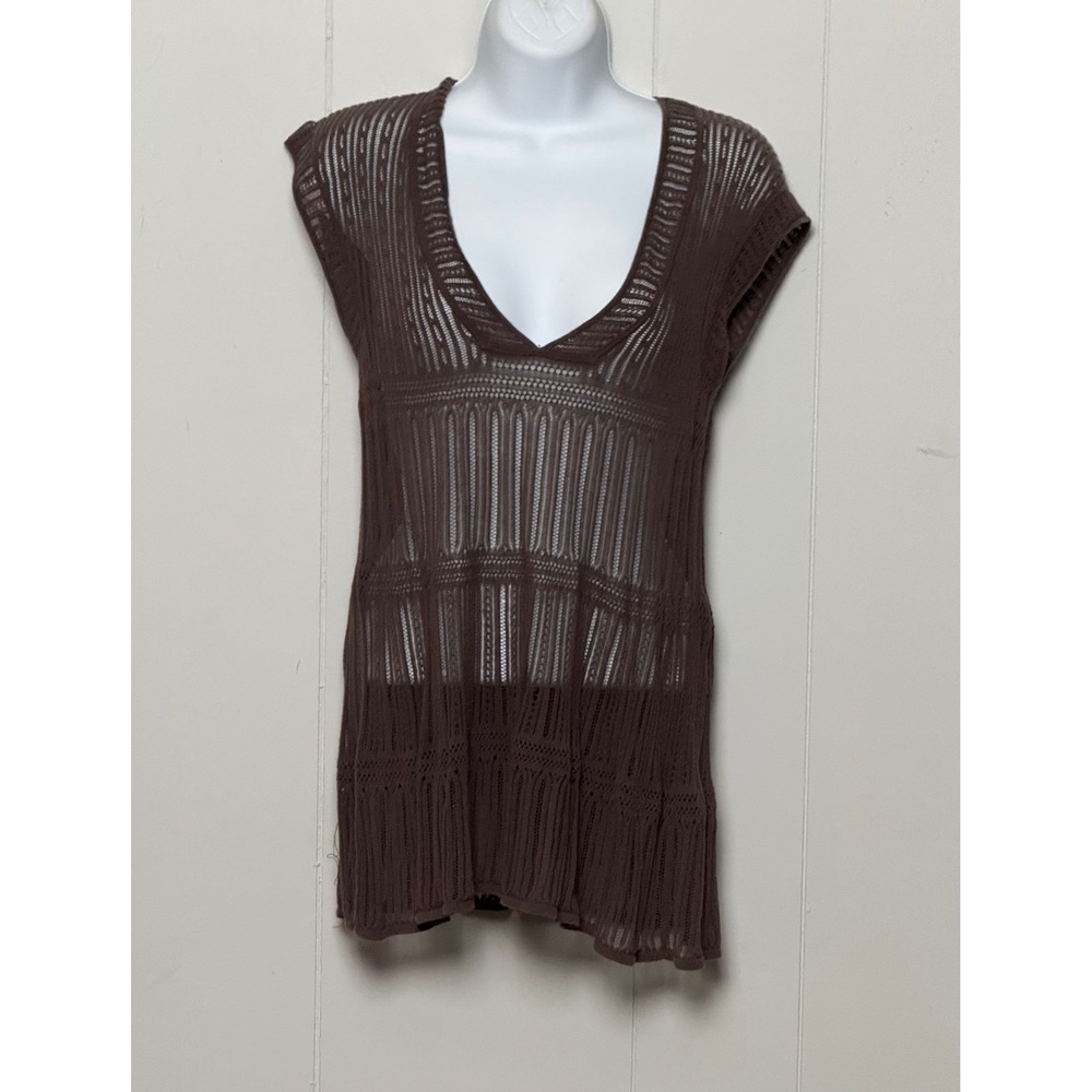 Lucky Brand Brown Cotton Open Knit Pointelle V-Neck Sleeveless Top Size Medium